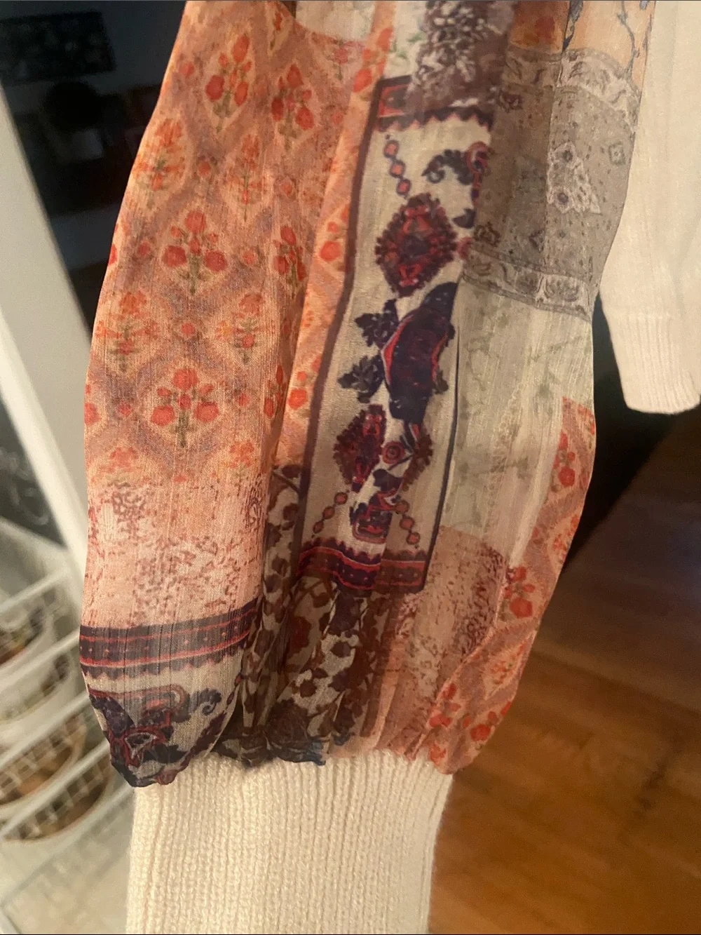 Annie Cream Sweater with Patterned Sheer Patchwork Sleeves